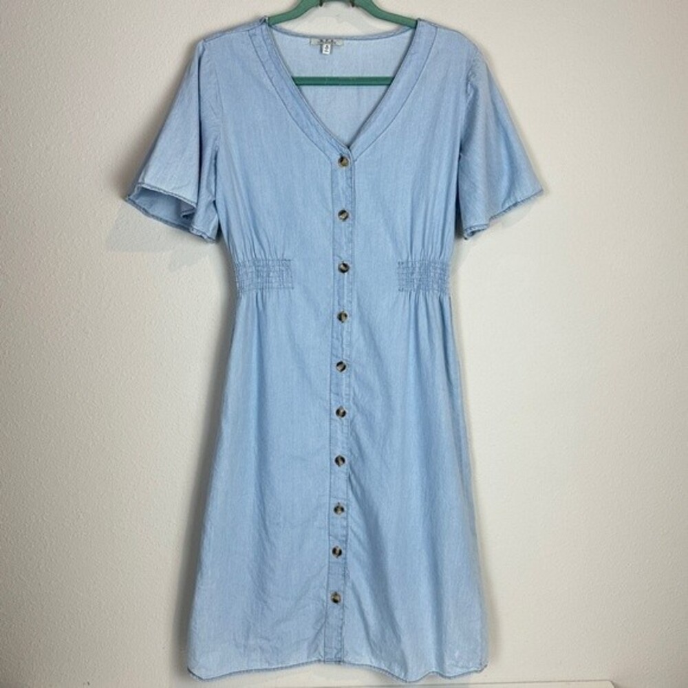 MPH Collection Chambray Button Up V-neck Short Sleeve Sheath Midi Dress S